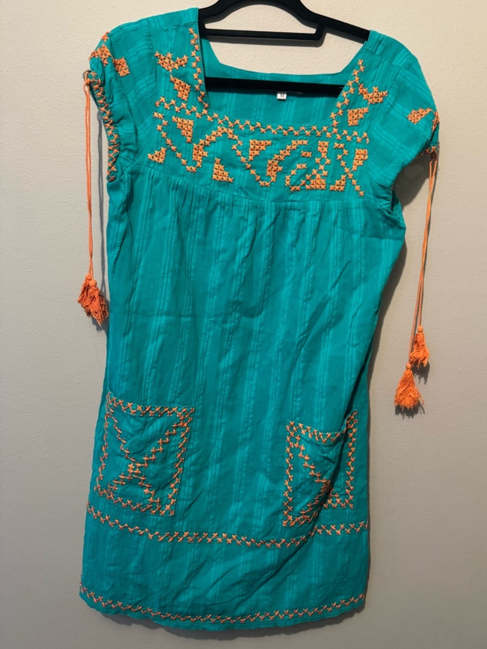 Joy Joy Turquoise Embroidered Tunic Dress Orange Tassels Boho Size Medium